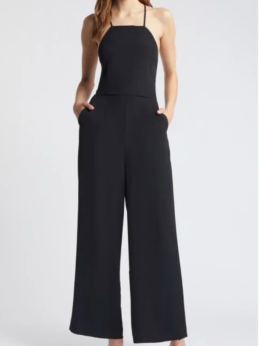 Open Edit Jumpsuit Womens M Black Halter Backless Wide Leg Tie Neck Party